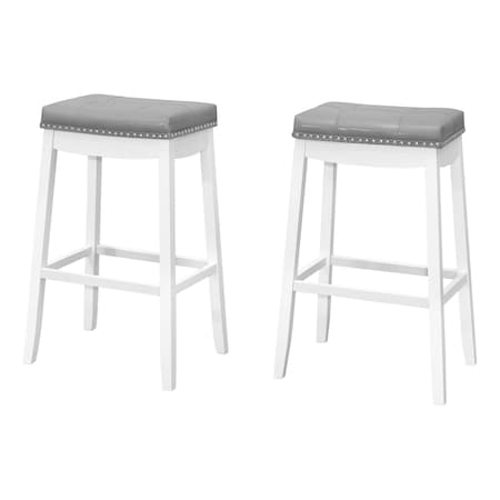 Monarch Specialties Bar Stool, Set Of 2, Bar Height, Saddle Seat, Wood, Pu Leather Look, White, Grey, Transitional I 1262